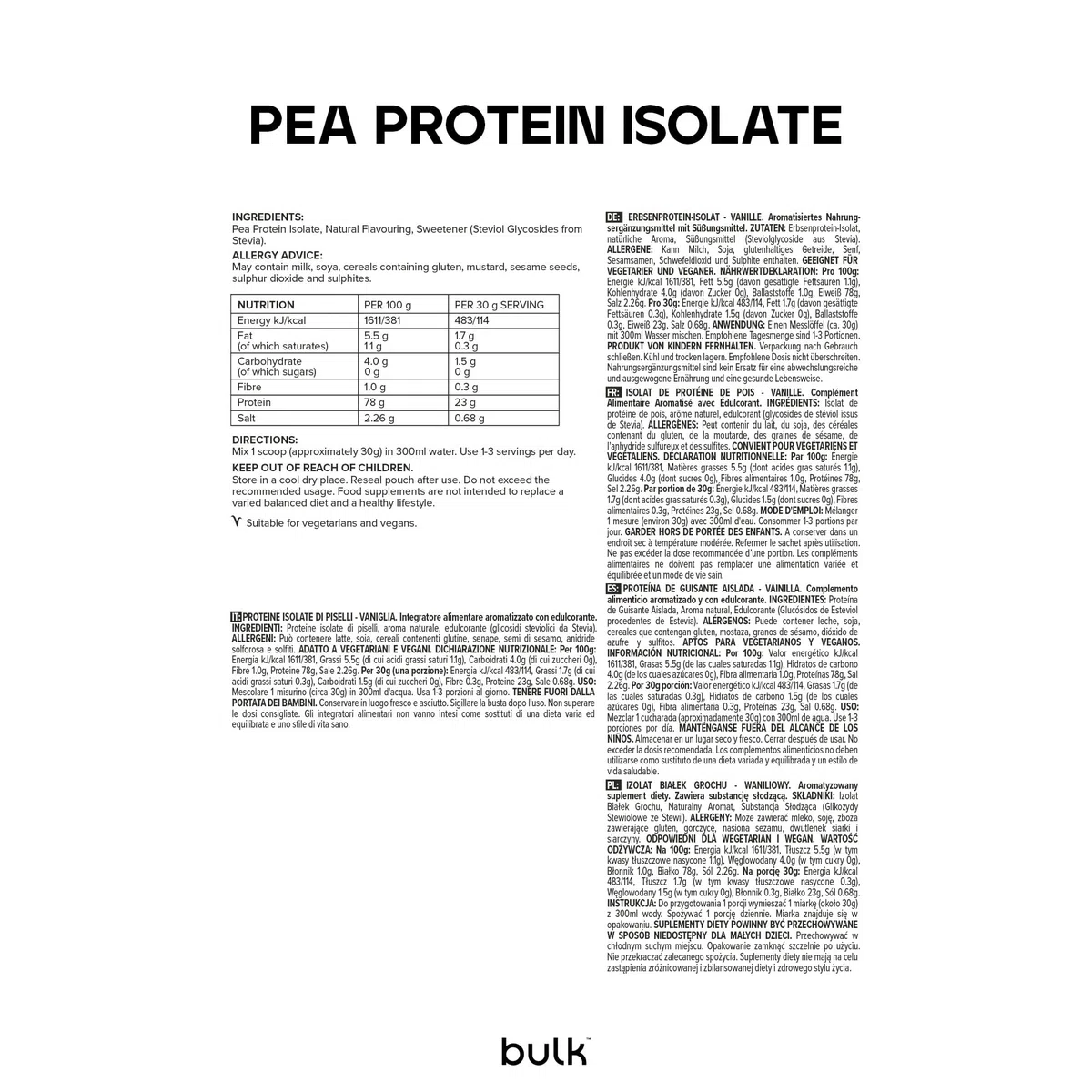 Bulk Pea Protein Isolate Powder, Vegan Protein Shake, Vanilla, 1 kg