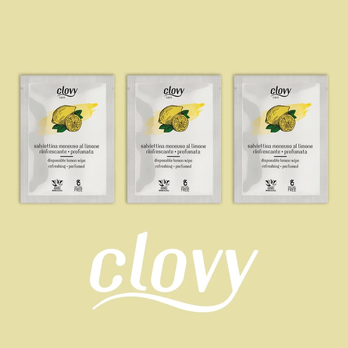 Clovy Care. 200 Salviette monouso rinfrescanti e profumate al limone dimensione 23,5x16 imbevute con soluzione a base di ingredienti naturali nichel free.