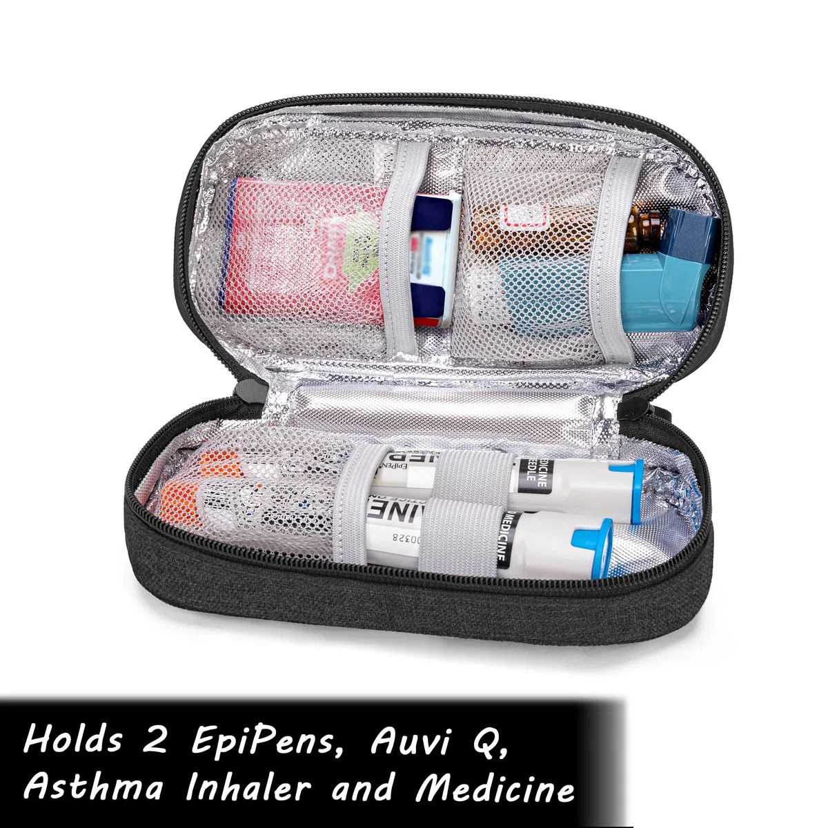 CURMIO Borsa da trasporto in Epipen isolata, borsa portatile per medicinali per 2 EpiPen, Auvi-Q, siringhe, fiale, spray nasale, casa e viaggio, Nero
