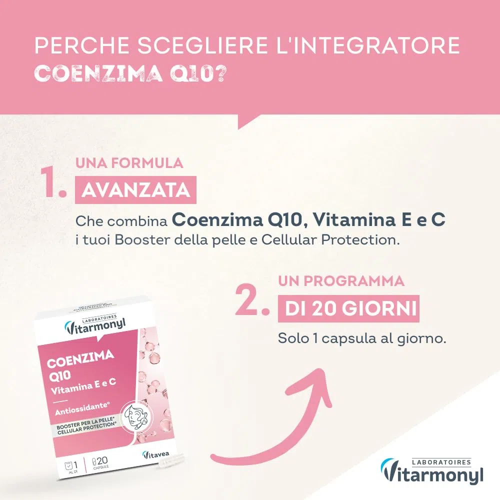 Coenzima Q10 con Vitamina E e C - Integratore Antiossidante per la Pelle e Protezione Cellulare - Benessere della Pelle - 20 Capsule - Vitarmonyl