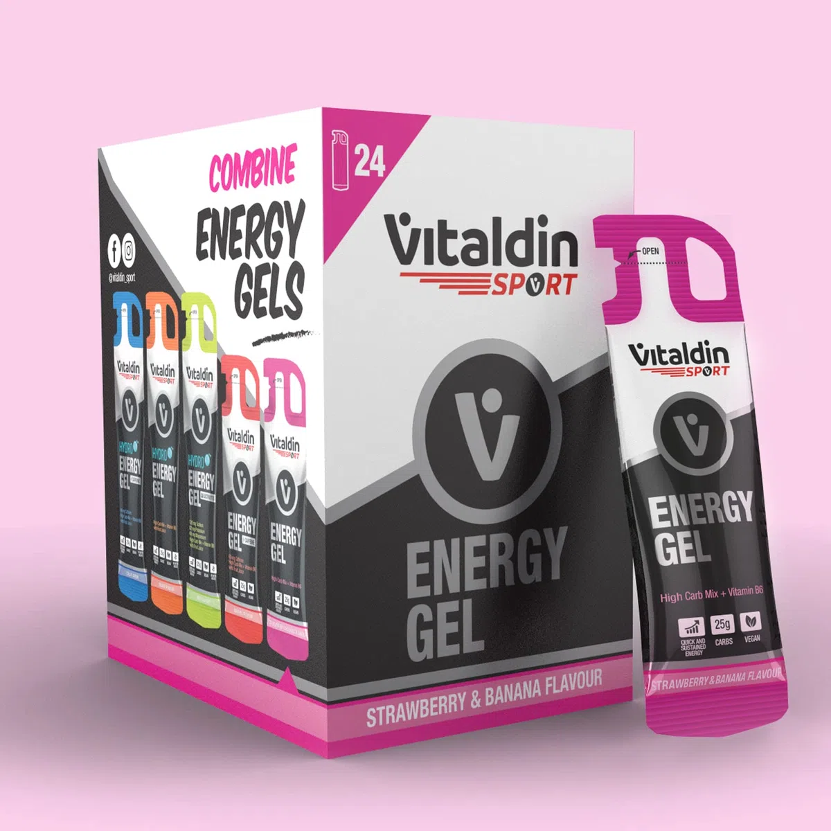 VITALDIN SPORT Energy Gel – 24 GEL x 40 gr – Gel Energetico Fragola & Banana con Vitamina B6 (Senza Caffeina) – Energia Rapida e Rilascio Graduale – Running, Ciclismo & Sport di Lunga Durata