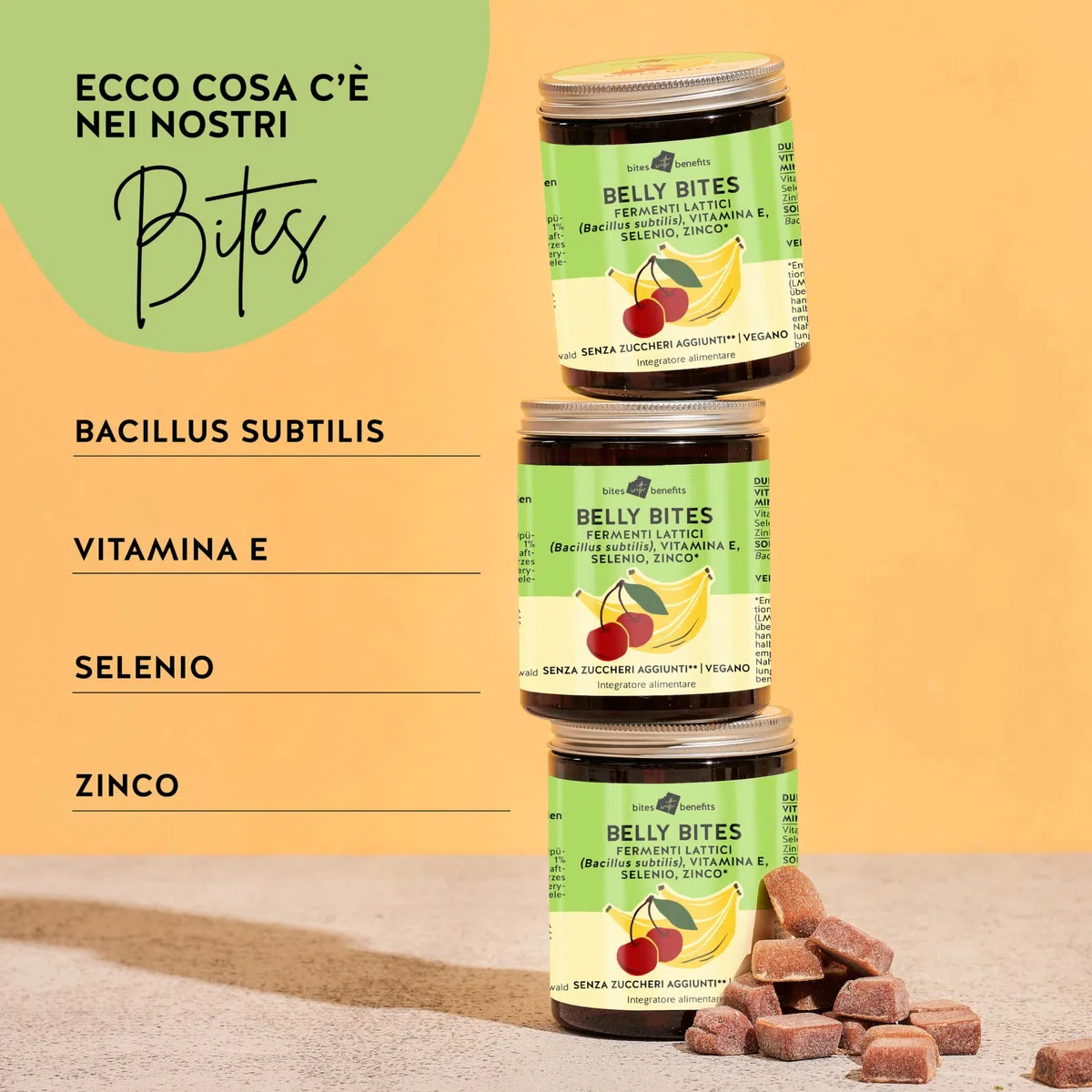 Belly Bites con fermenti lattici - di batteri intestinali per una sana digestione e benessere - Vitamina E, selenio, zinco - Senza zucchero e dolcificanti - 30 pezzi - Vegan - Bears with Benefits
