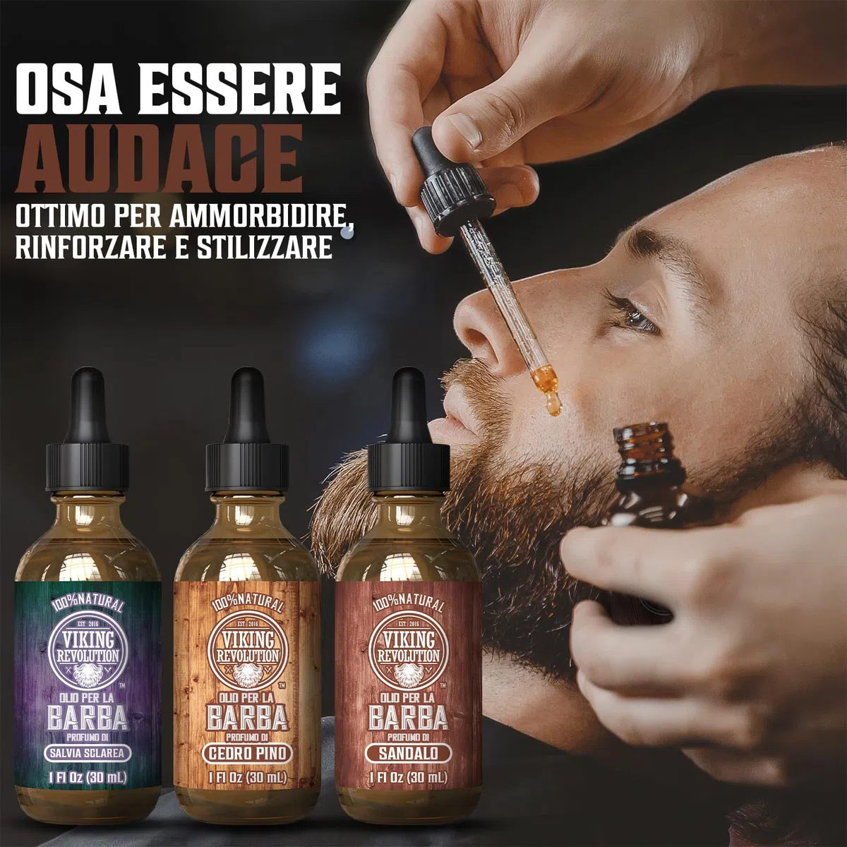 Viking Revolution - Olio Barba Set - Regalo Uomo - Ammorbidisce e Rafforza Barba con Fragranze di Sandalo, Pino, Cedro e Salvia Sclarea - 3x 30ml