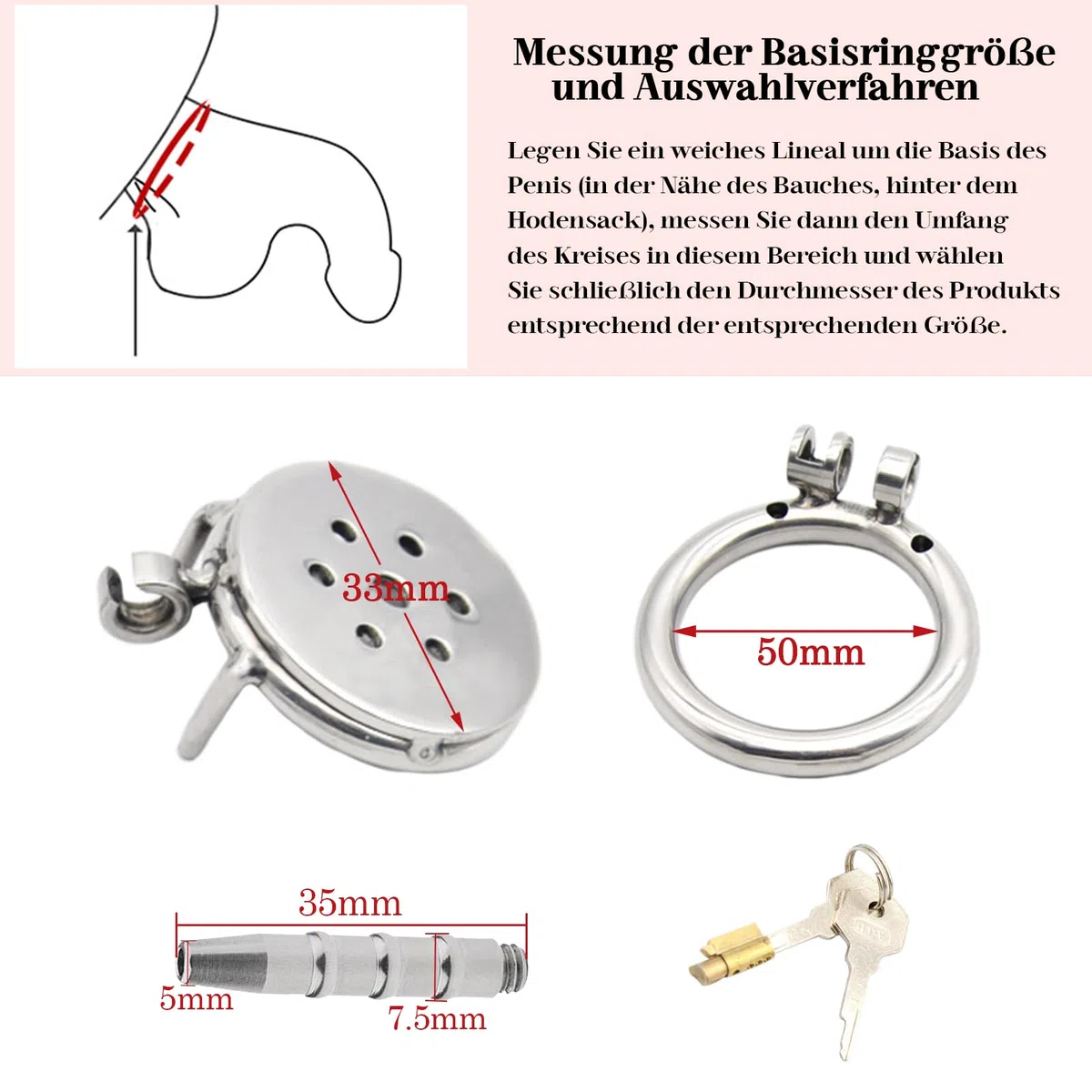 BDSMYEE Gabbia per pene Gabbia di castità piatta maschile con dilatatore, Gabbia di castità, Set BDSM Schiavo Giocattolo sessuale estremo per uomini (Piccolo 50)