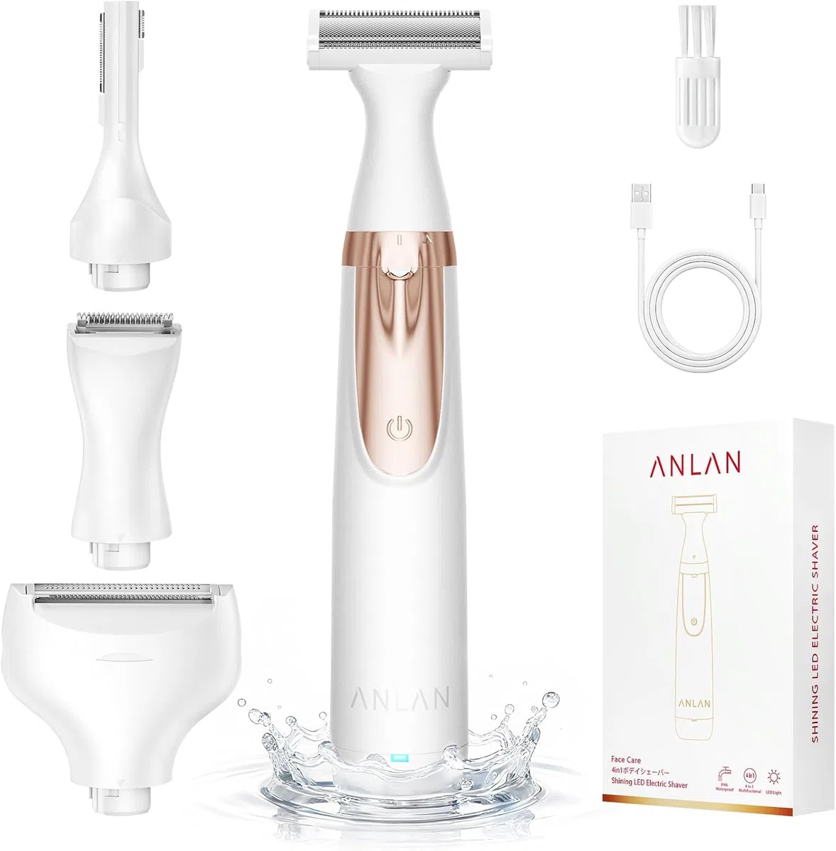 ANLAN Rasoio Elettrico Donna 4-in-1 Depilatore Corpo Donna Kit Rasoio Intimo con LED Display, IPX6 Impermeabile Rasoio Elettrico Corpo per Viso, Corpo e Inguine 90 Minuti di Autonomia