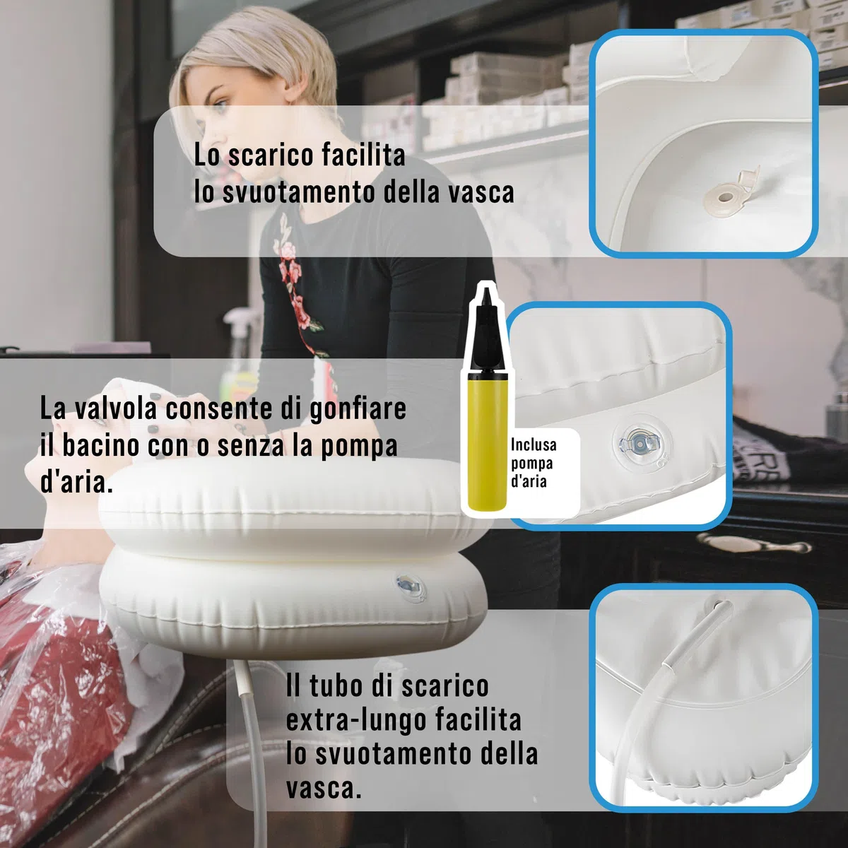 Pulox Lavandino mobile gonfiabile - Bacinella per Shampoo con sacca d'acqua, soffione e pompa d'aria - Vasca per il lavaggio dei capelli per pazienti allettati