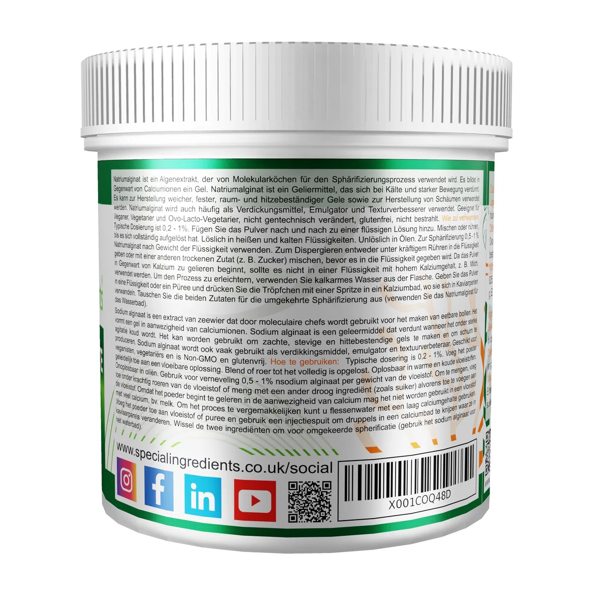 Special Ingredients Alginato di sodio in polvere da 500 g, estratto di alga, addensante, emulsionante e miglioratore di consistenza, adatto per vegani e vegetariani, imballaggio riciclabile