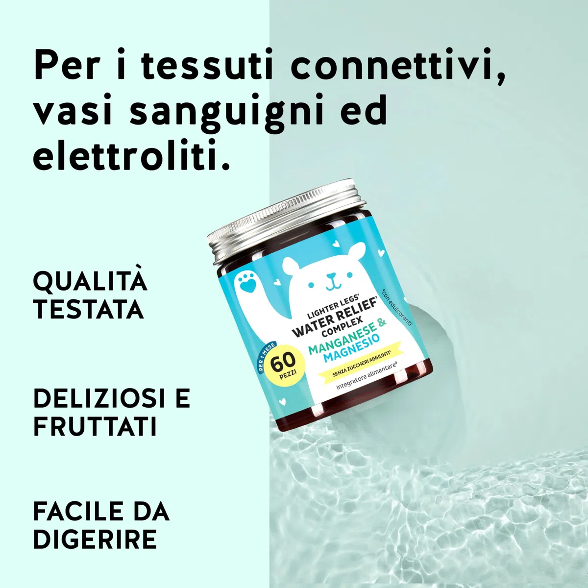 Water Relief Complex - Caramelle Gommose Equilibrio Elettrolitico, Gambe Leggere - Vitamina C, Magnesio, Manganese - 60 pezzi (1 mese) - Senza Zuccheri Aggiunti, Vegan - Bears with Benefits