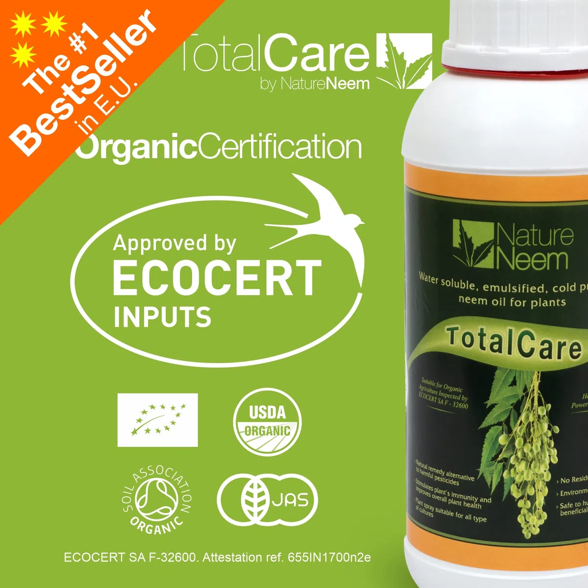 TotalCare – Olio di Neem solubile in acqua per piante - 500 ml - certificato biologico
