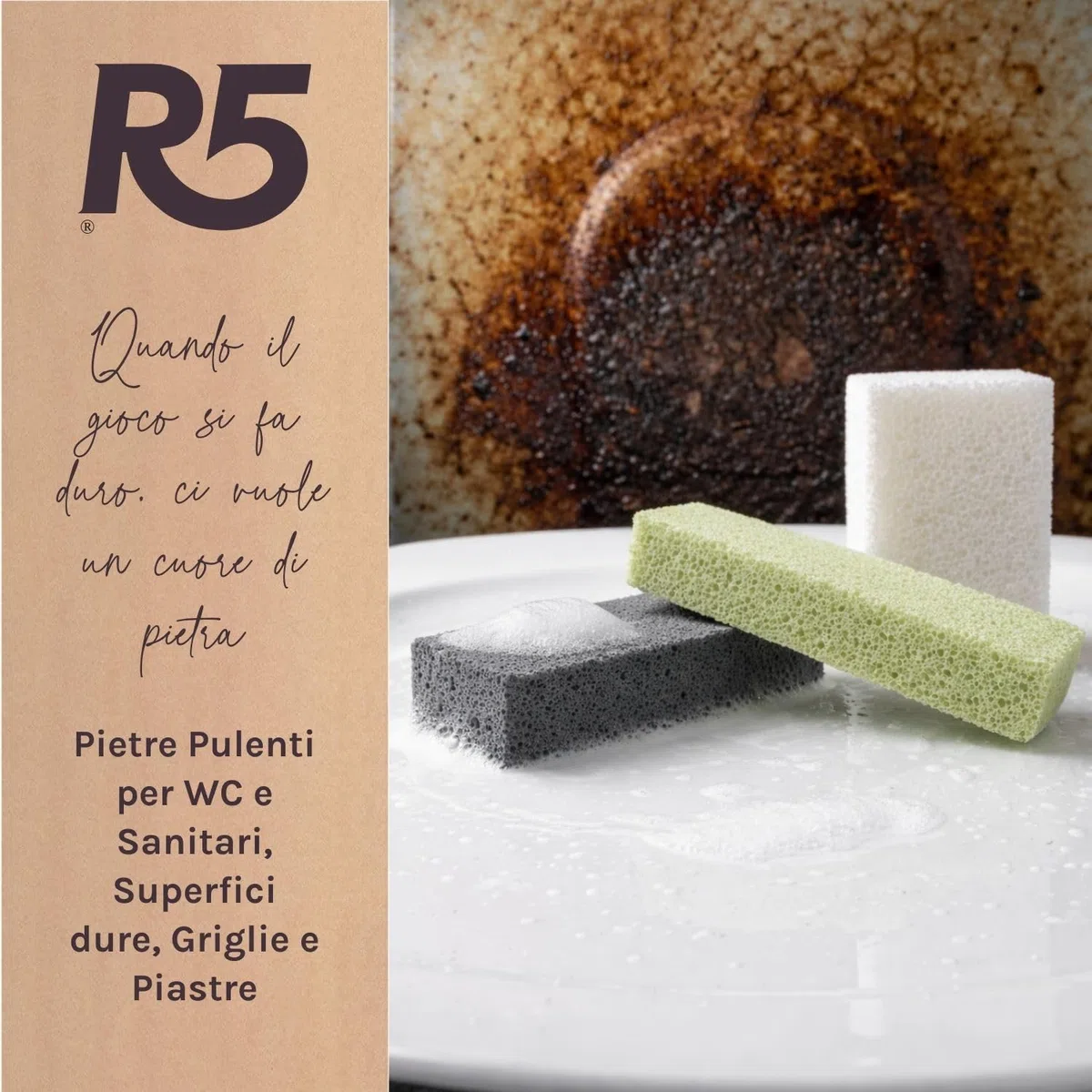 R5, Multipack Pietre Pulenti in Vetro Riciclato, Kit Pulizia Casa Completo, 1 x Superfici Dure, 1 x WC e Sanitari, 1 x Griglie, Piastre, Padelle e Utensili, Eco-Sostenibile, Made in Italy