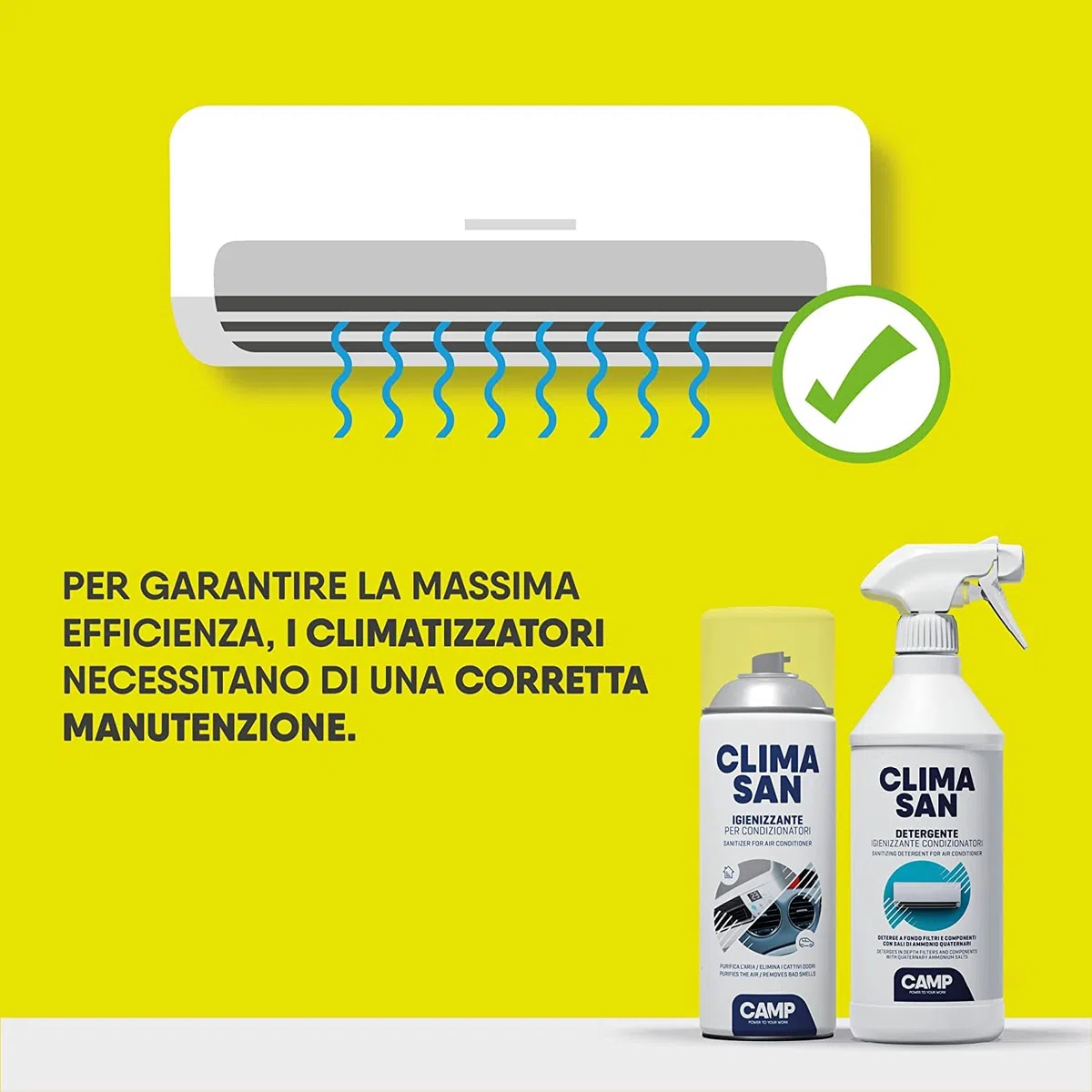 Trattamento Sanificante ed Igienizzante Completo Climatizzatori Detergente + Igienizzante Climasan Camp
