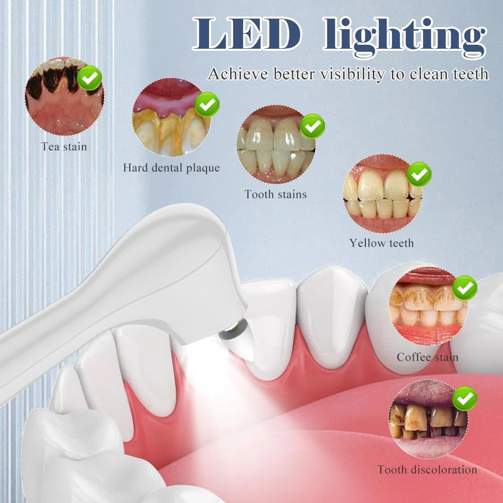 Rimozione del tartaro con 5 teste, lucidatore dentale, set professionale con 5 modalità di pulizia dei denti e sbiancamento dei denti, per lucidare dopo la pulizia dei denti (bianco)