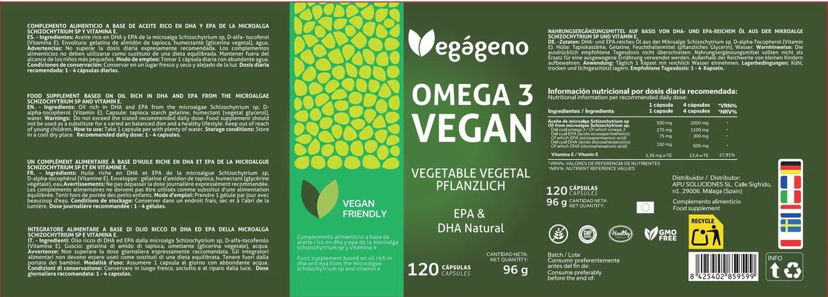 VEGAGENO Omega 3 Vegan – Olio di alghe 2000 mg di origine vegetale con 600 mg di DHA e 300 mg di EPA per dose giornaliera – 120 capsule – Senza glutine – Non OGM – In forma di Trigliceride