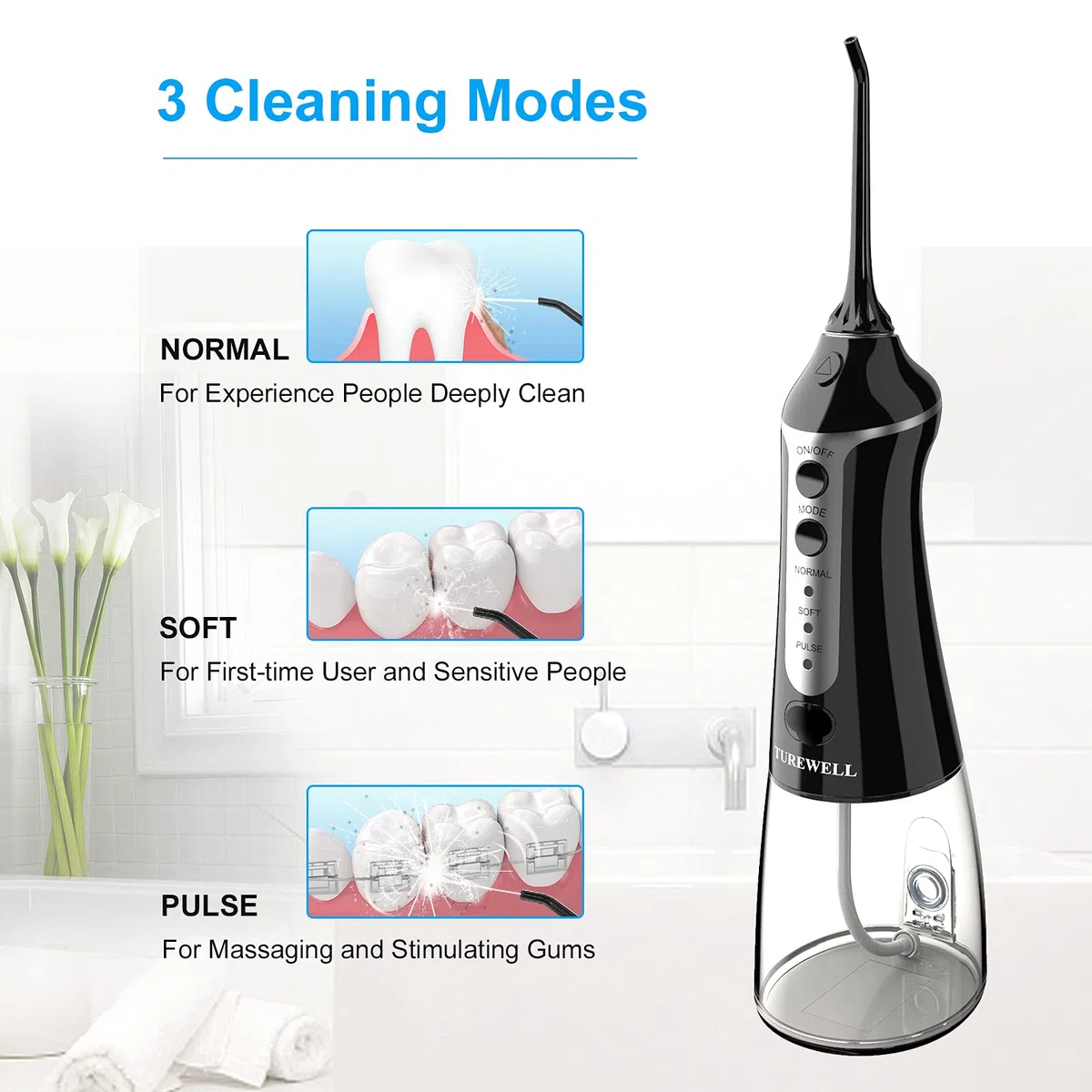 TUREWELL FC1591 Idropulsore Dentale Portatile 5 Ugelli e 3 Modalità, IPX7 Impermeabile, 300ML Irrigatore Dentale per La Casa e I Viaggi