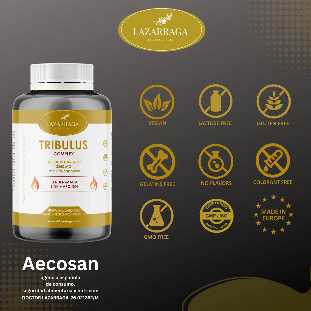 LAZARRAGA - Tribulus Terrestris 2250mg + Maca Peruviana + Arginina + Zinco integratore | 180 Capsules, Multivitaminico Uomo | Vitamine Uomo - 180 Capsule Vegane