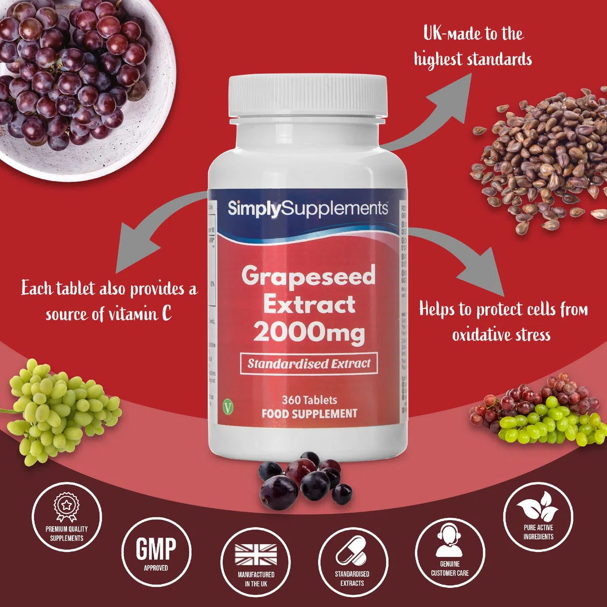 Estratto di Semi d'uva 2000 mg - 360 compresse - Adatto ai vegani - 6 mesi di trattamento - SimplySupplements
