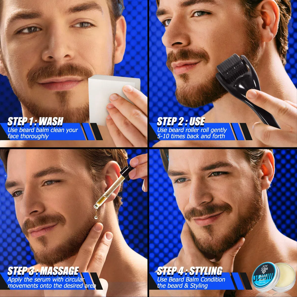 Kit per la Crescita Della Barba, Scdom Kit per la Crescita Della Barba da Uomo con Derma Roller+Olio Siero per la Crescita Della Barba+Balsamo per la Barba+Sapone per la Pulizia Della Barba+Pettine