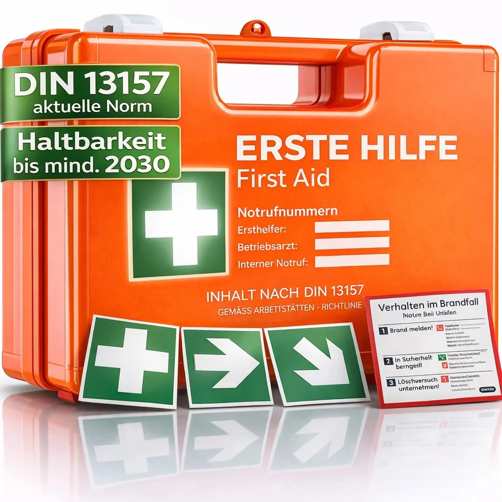 Valigetta di primo soccorso secondo la norma di sicurezza attuale 2026 [DIN 13157:2021] | con supporto a parete, 5 adesivi e sigilli – Sistema di pronto soccorso per gatronomia, ufficio, casa