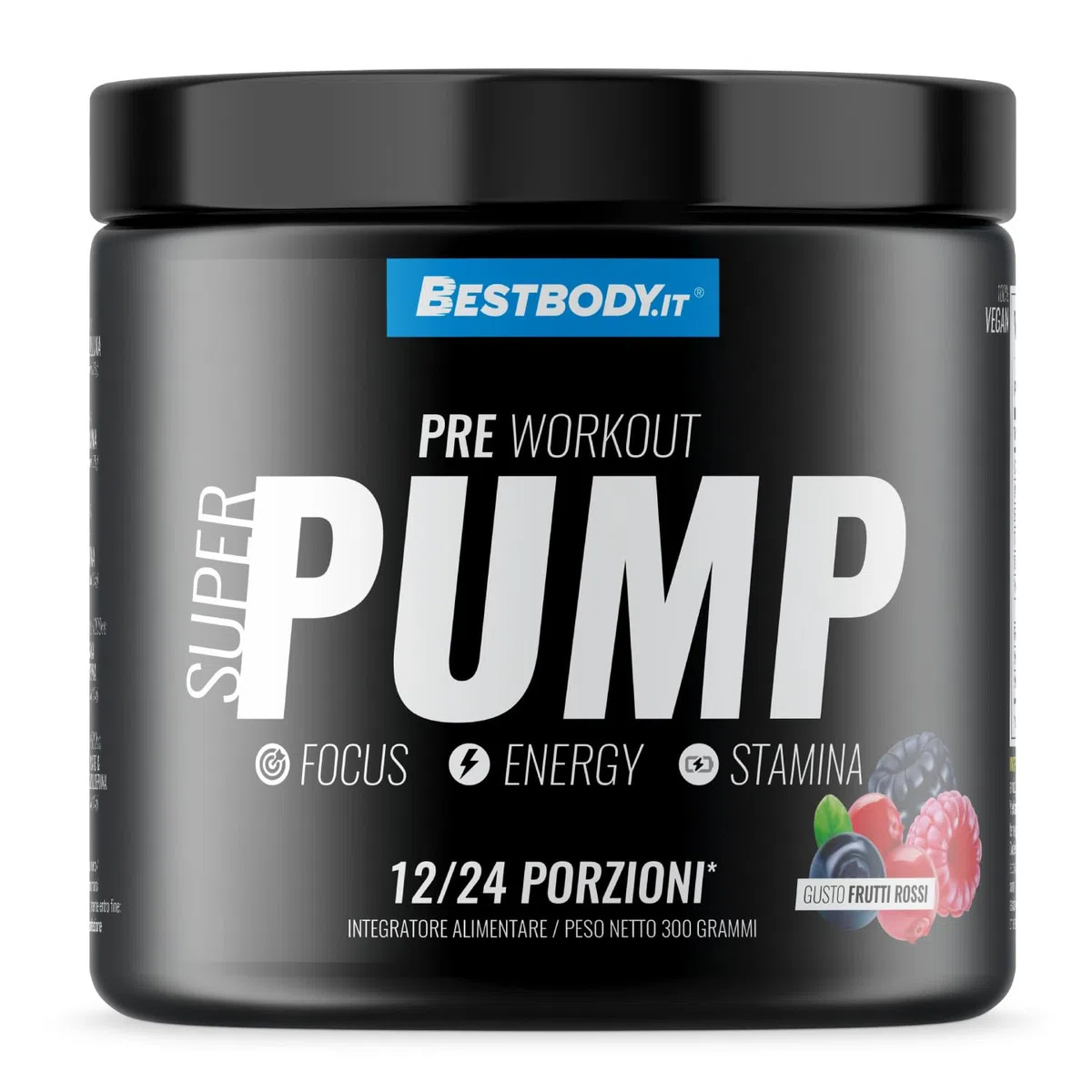 BestBody - Super Pump - Pre Workout con Citrullina, Arginina, Beta Alanina, Torosina, Taurina, Yerba Mate, Gusto Frutti Rossi, 300 grammi