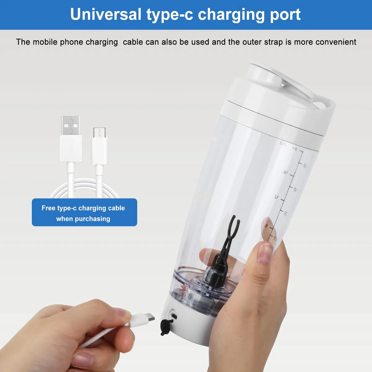600 ml Shaker Proteine Elettrico, Bottiglia shaker, Senza BPA, Portatile Mixer Cup, Tazze Shaker ricaricabile USB C per Frullati Proteici, Protein Shaker Bottle per Frullati Proteici - bianco