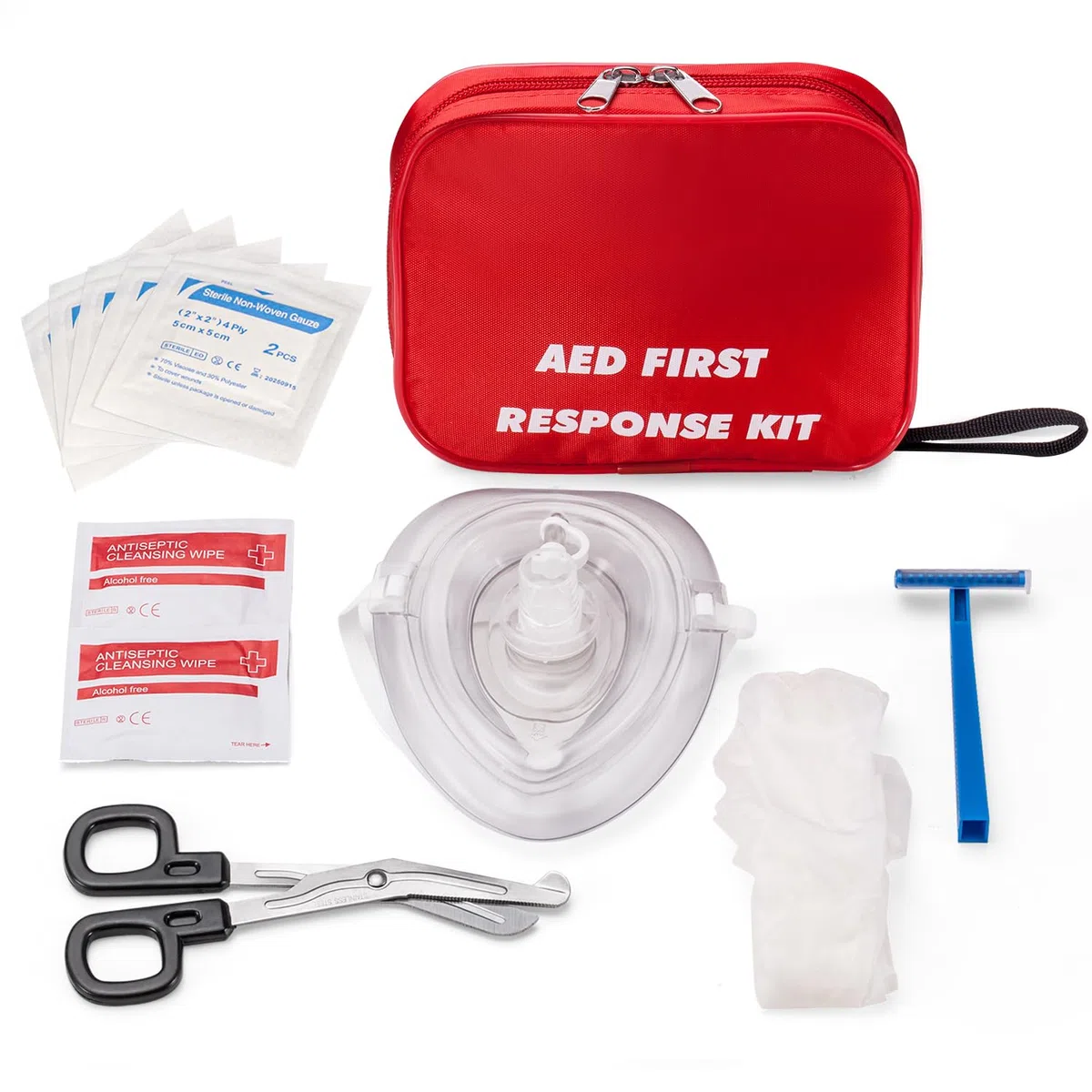 Primo kit DAE con RCP, guanti, rasoio, forbici, tamponi di garza e salviette detergenti per l'addestramento DAE