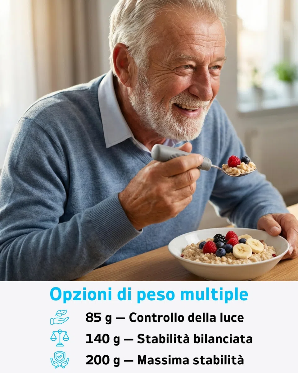 Set Posate Adattive Pesate 142g Argenteria Moderatamente Pesata per Tremore alle Mani Parkinson – Coltello a Dondolo, Cucchiaio Pala, Impugnatura Ergonomica (Grigio)