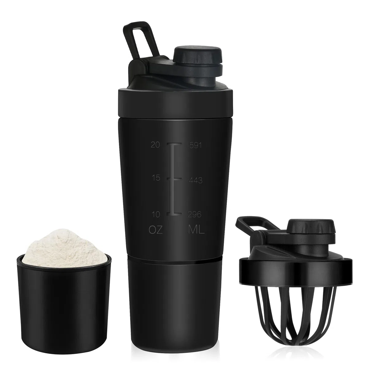 ROCKY&CHAO Shaker proteico in acciaio inox, 700 + 200 ml, con scomparto per polvere, per sport e fitness, albume d'uovo, bottiglia con coperchio a bottone, colore nero