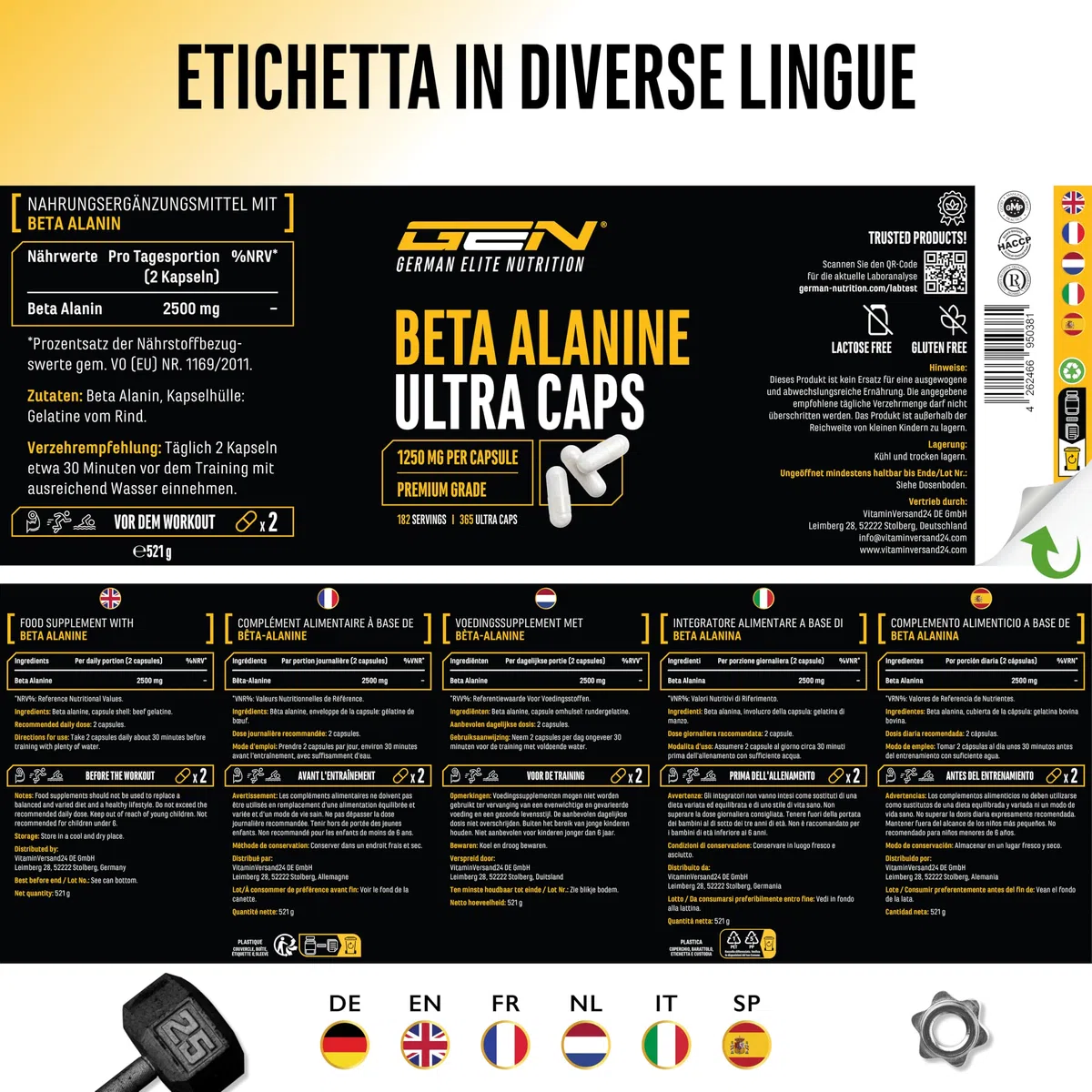 Beta Alanina Ultra Caps - 365 capsule - Dosaggio elevato con 1250 mg per capsula - Beta Alanina aminoacido con purezza del 99% - Senza additivi indesiderati
