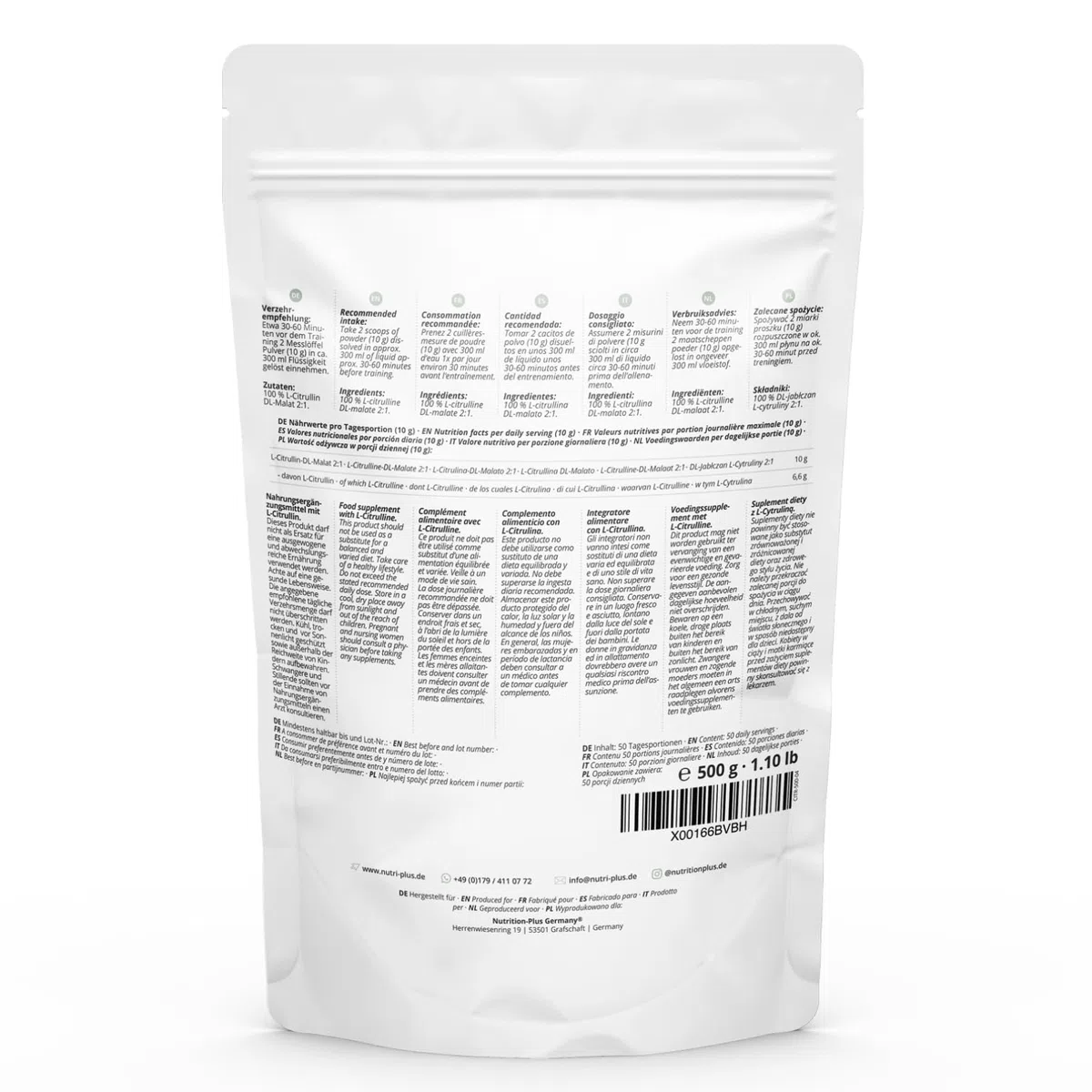 Nutri + L-Citrullina Malato in Polvere 500g - altamente dosata + vegan + pura - Booster per Bodybuilding e Fitness - L-Citrulline Malate DL 2:1 in Polvere - Qualità premium da Fermentazione vegetale