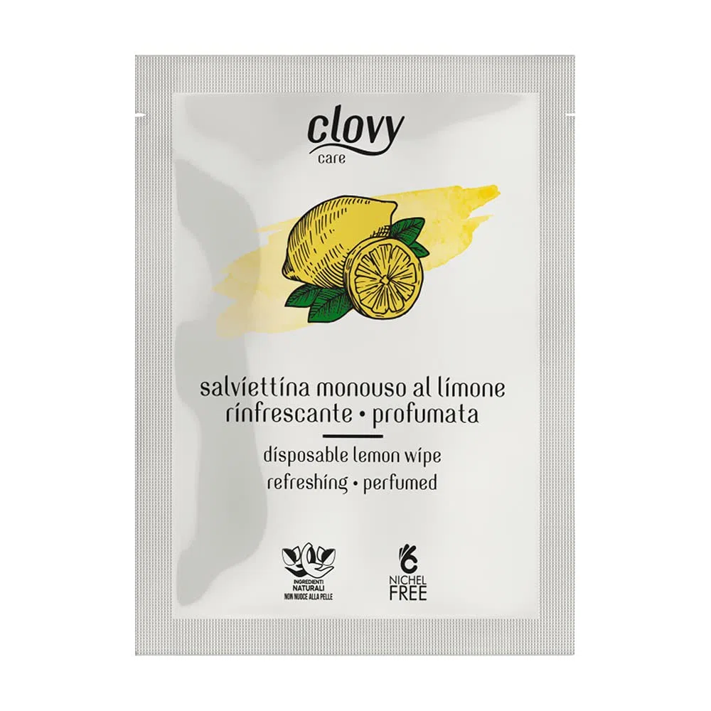 Clovy Care. 200 Salviette monouso rinfrescanti e profumate al limone dimensione 23,5x16 imbevute con soluzione a base di ingredienti naturali nichel free.