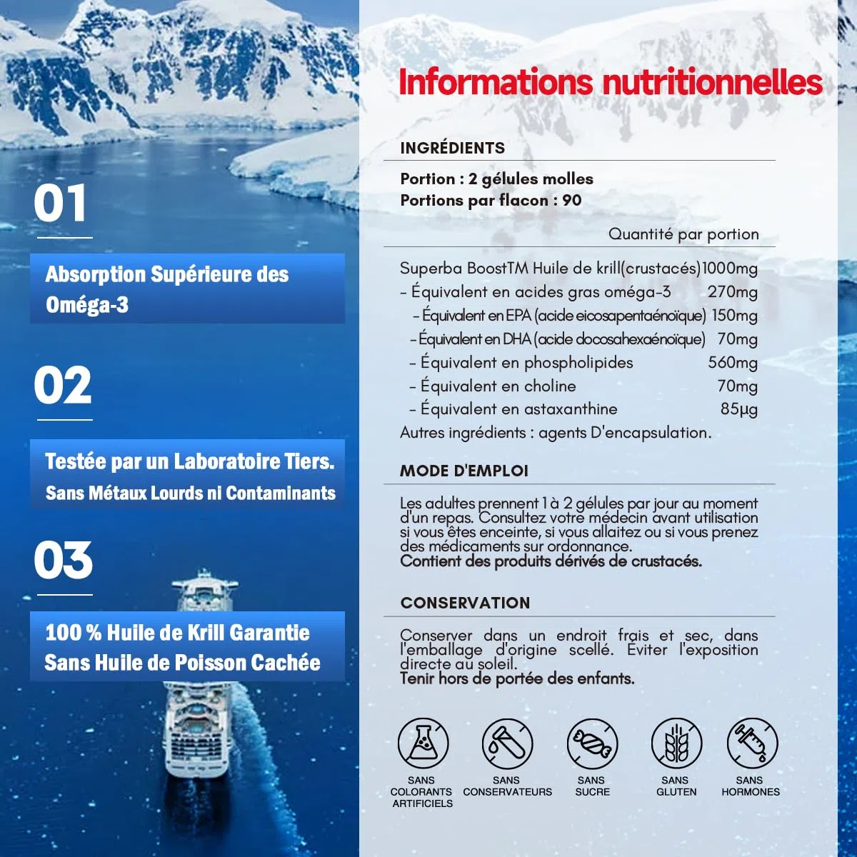 NYO3 Olio di Krill 1000mg Omega 3 EPA & DHA, Olio di Krill Antartico puro con Astaxantina, supporta il cervello, la pelle e il sistema immunitario, testato in laboratorio,90 capsule molli