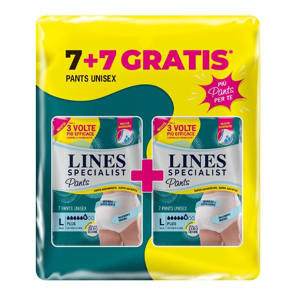 Lines Specialist Pants Plus Unisex, Mutande Assorbenti per Incontinenza Donna e Uomo, Asciutto Lampo e Massima Protezione, Zero Odore, Taglia L Confezione da 14 Pezzi