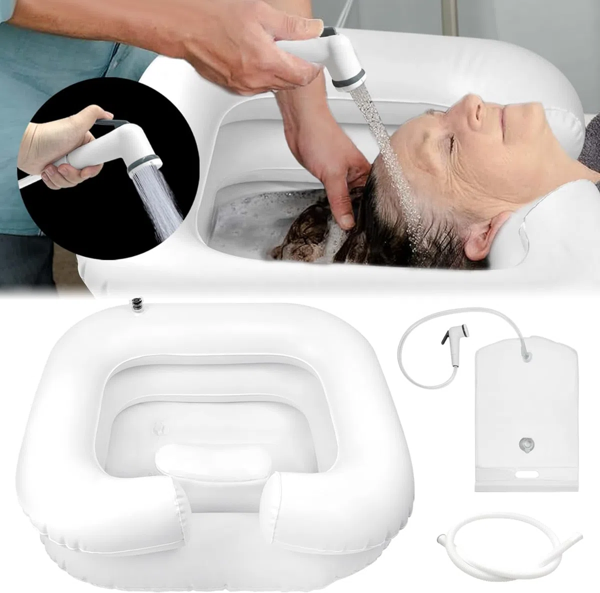 TZEKING Lavandino gonfiabile, Bacino gonfiabile per capelli portatile, con Tubo di Drenaggio, con soffione e sacca d'acqua, Lavare i Capelli Lavandino, il lavaggio dei capelli per comodini e letto