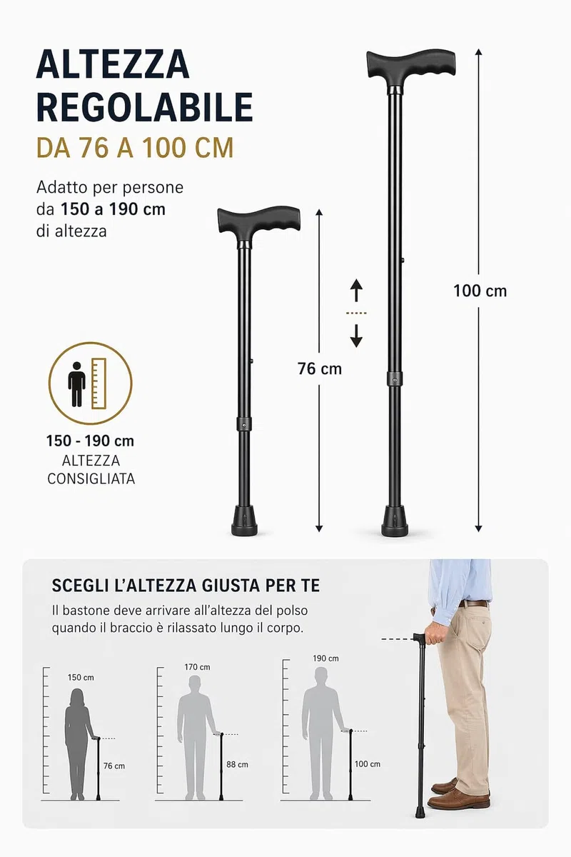 Bastone da Passeggio Regolabile in Lega d'Alluminio, Leggero, Nero, per Uomo e Donna