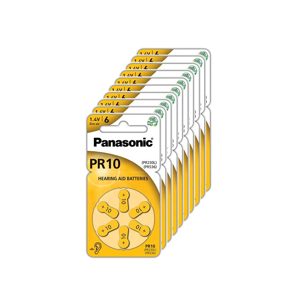 Panasonic PR10 Batterie zinco-aria per apparecchi acustici, Tipo 10, 1.4V, Batterie per apparecchi acustici, 10 confezioni (60 pezzi), gialle