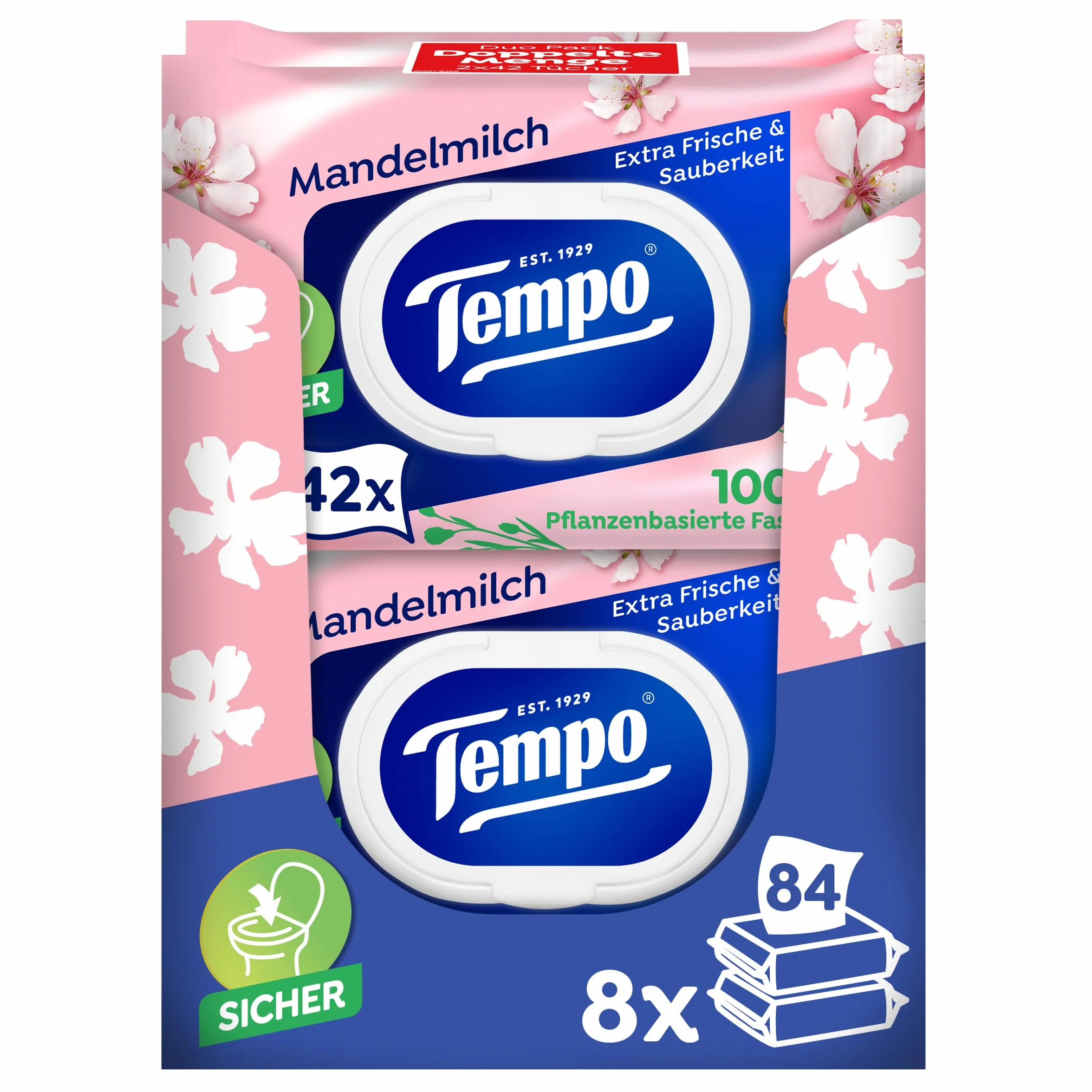 Tempo Carta igienica umida, latte di mandorle e pantenolo, confezione da 16 (8 x 2 x 42 pezzi)