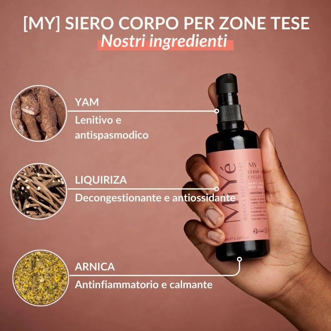 MiYe | Siero per seno teso, gambe pesanti + dolori mestruali | Menopausa, Sindrome Premestruale (SPM) | Arnica, magnesio, ginkgo biloba | Prodotto in Francia | 50 ml, 40 applicazioni