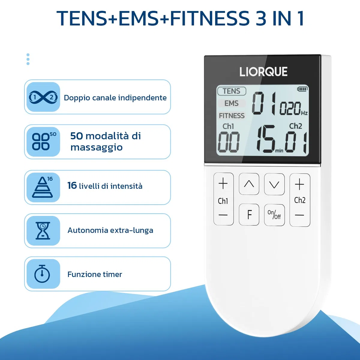 LIORQUE Elettrostimolatore Muscolare TENS/EMS/FITNESS 3 in 1, 50 Modalità, 10 Pezzi di Elettrodi TENS, 16 Livelli di Intensità per Alleviare il Dolore Bianco