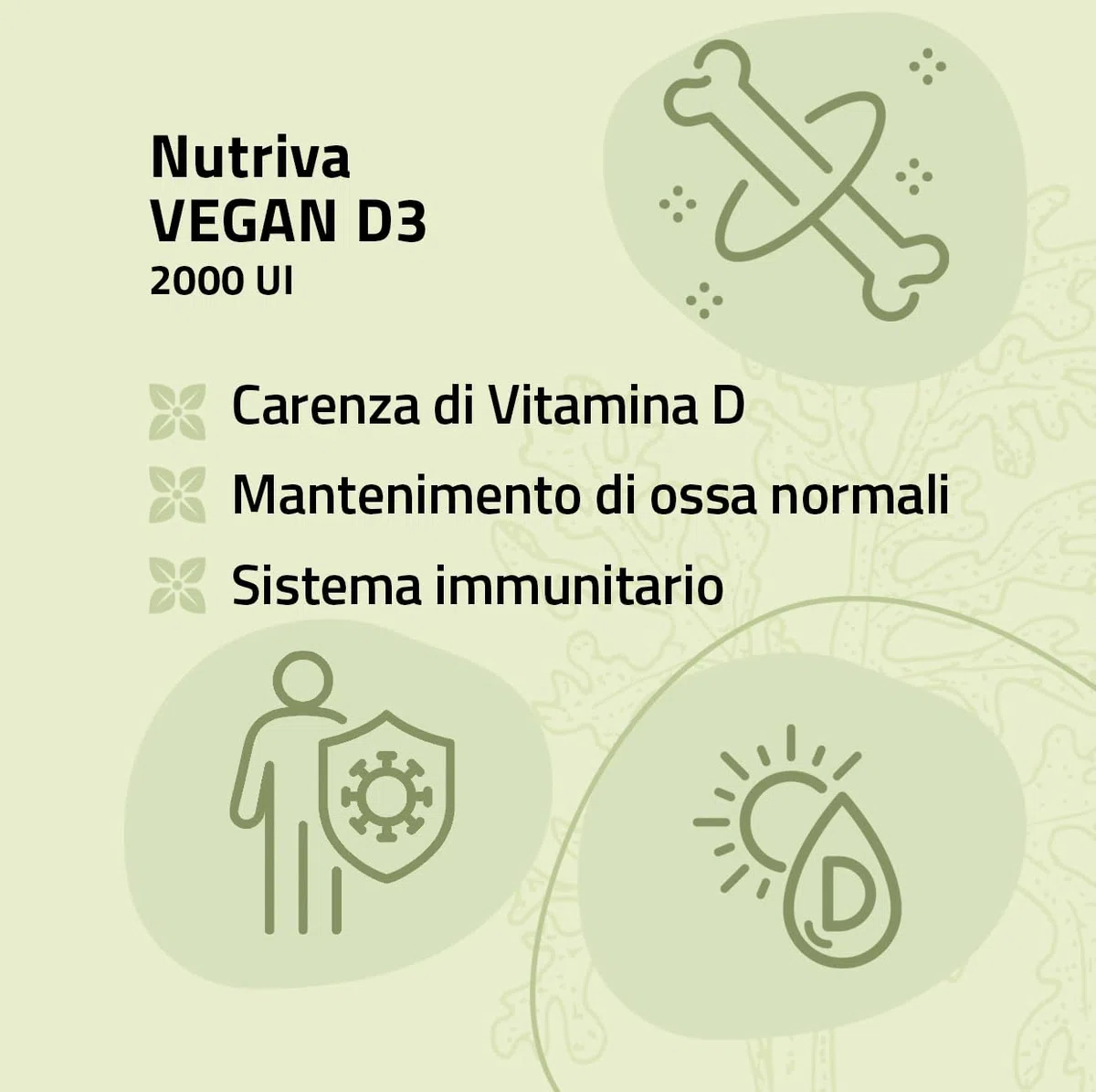 NUTRIVA Vegan D3, Integratore Alimentare a Base di Vitamina D3, Ideale per le Ossa e per il Supporto del Sistema Immunitario, Naturale, Privo di OGM, Glutine e Allergeni - 120 Compresse Masticabili