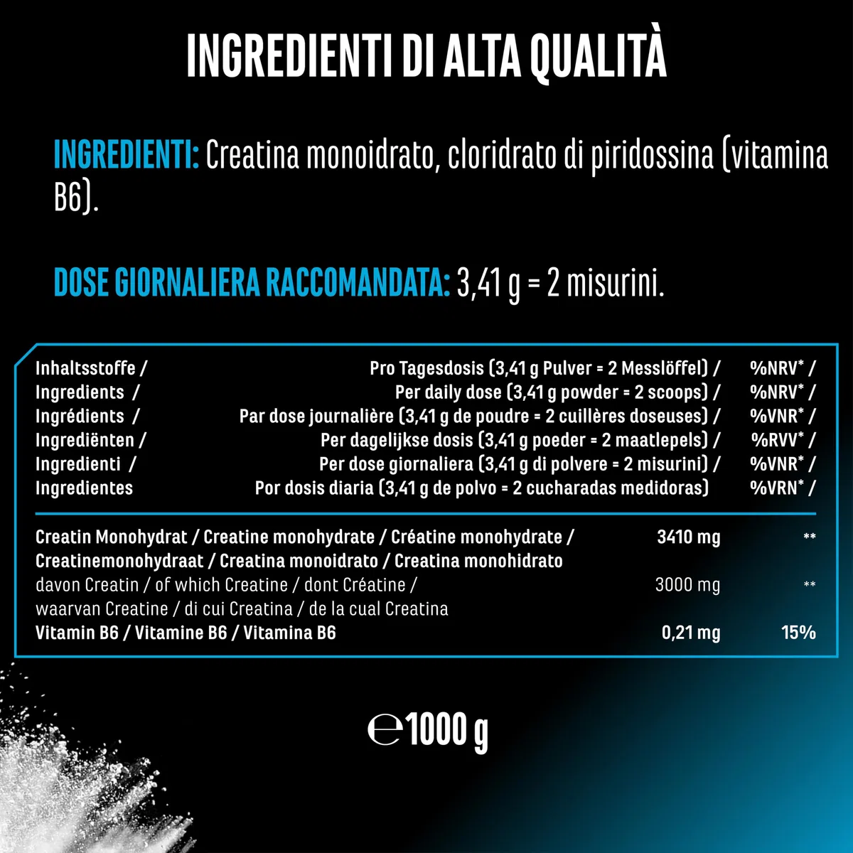 Creatine Monoidrato in Polvere 1000 g – Creatina Monoidrato Microfine, Altamente Solubile e Alto Dosaggio – Senza Additivi inutili – Vegana – 293 Porzioni