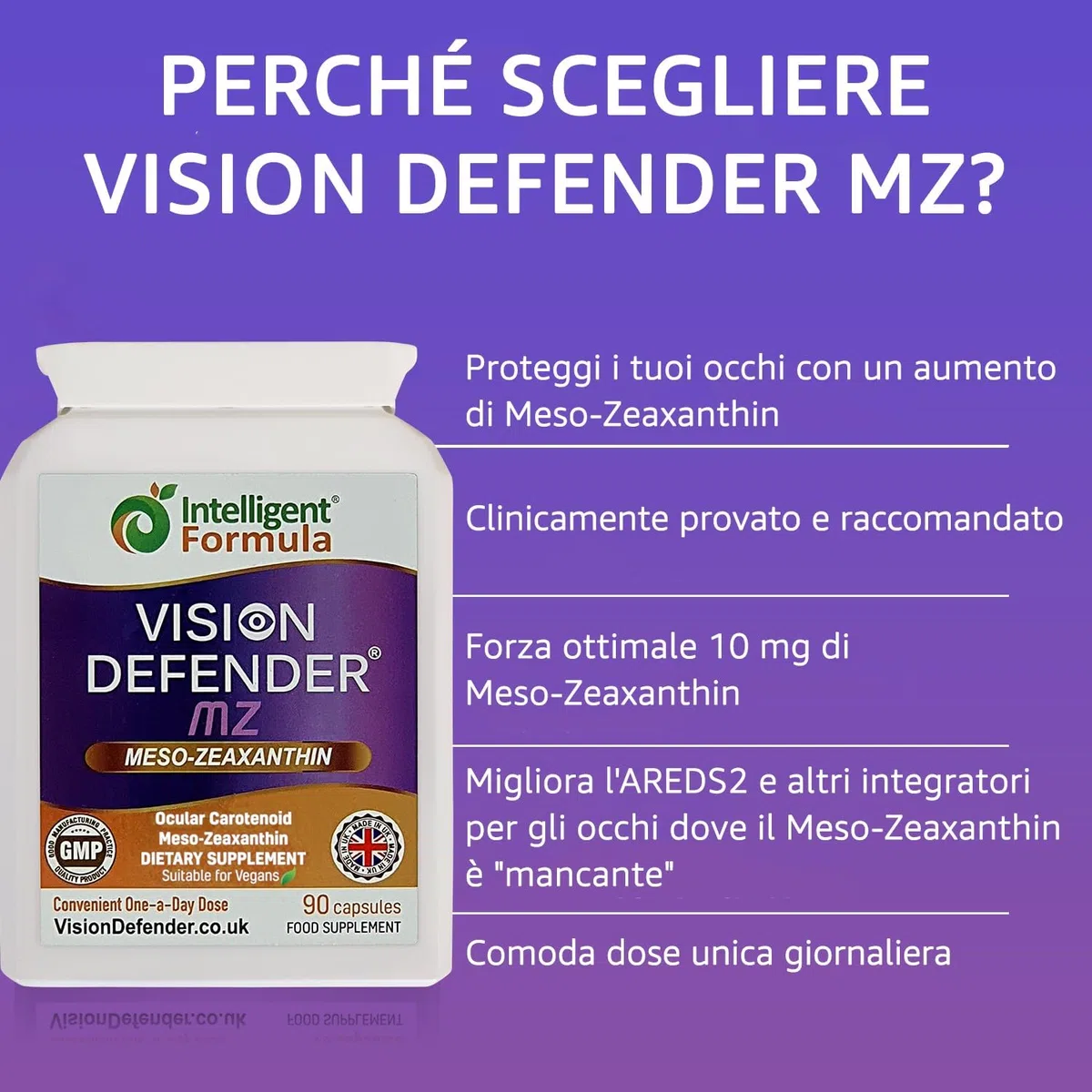 Vision Defender MZ Integratore per la Salute degli Occhi - 10mg Meso-Zeaxantina da Estratto di Tagete - Carotenoide Antiossidante per il Supporto della Vista e la Nutrizione della Retina - 90 Capsule