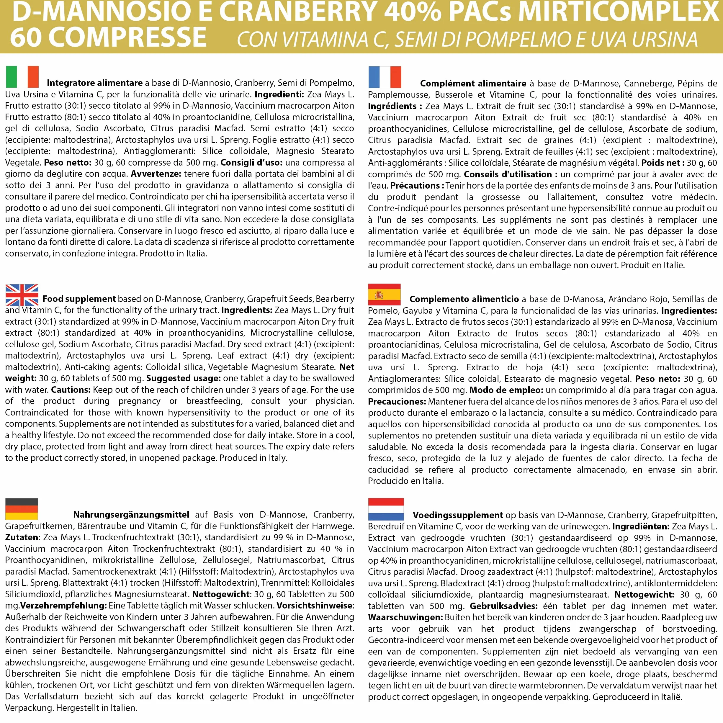 D - Mannosio e Cranberry 40% PAC Mirti Complex con Semi di Pompelmo, Uva Ursina e Vitamina C | 240 compresse 1 al dì | Mirtillo Rosso ad Alto Dosaggio