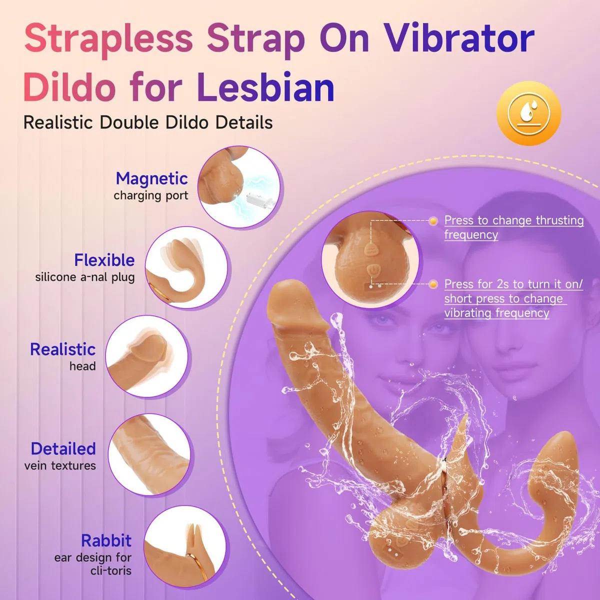 Strapon Doppio Dildo Realistico, Dildo doppi Con Cintura Per Donne 9 Modalità Di Vibrazione E Spinta G Spot Anal Stimulator Silicone Dildos Sex Toy Per Uomini E Coppie (A-Telescopico)