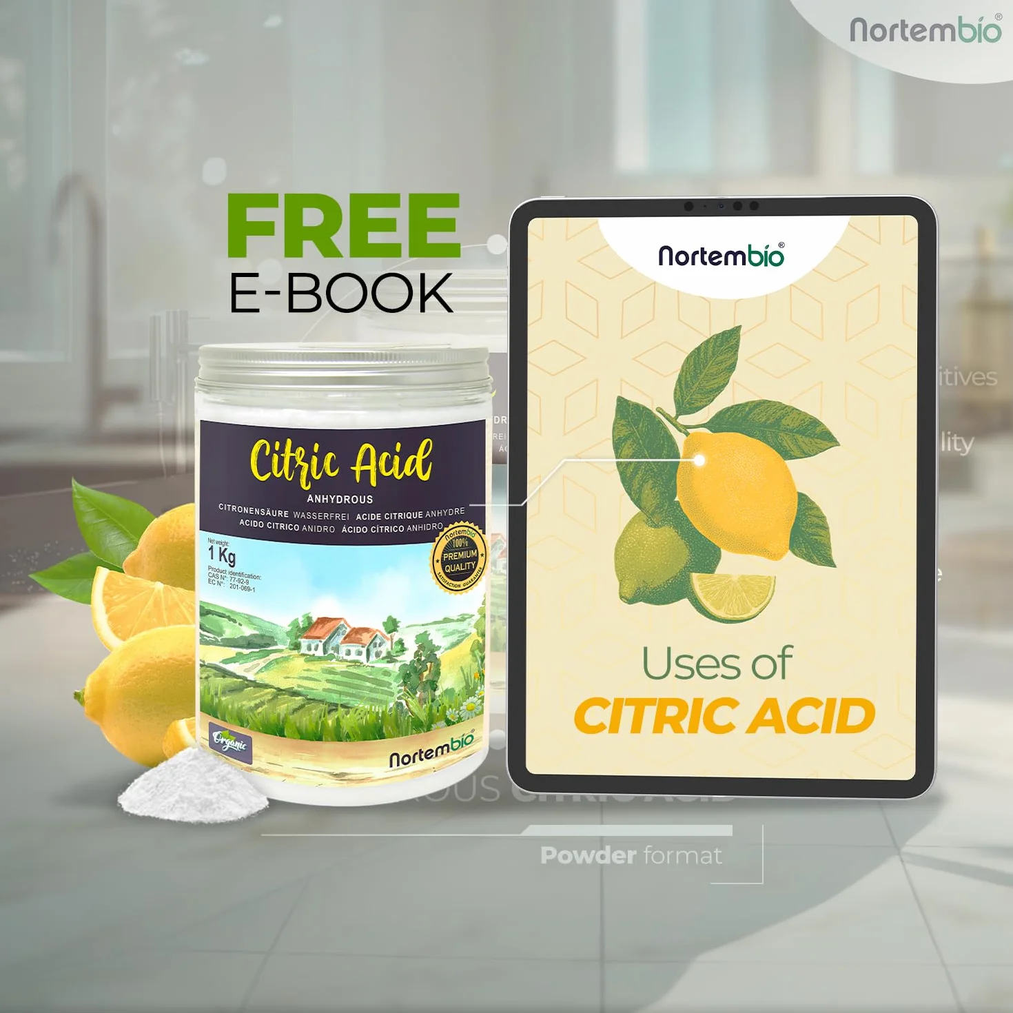 Nortembio Acido Citrico Ecologico 2,5 kg – Acido Citrico Anidro Concentrato 100% Puro Certificato – Materia Prima per Produzione Biologica – Pulizia Domestica Multiuso – Senza OGM – E-Book Incluso