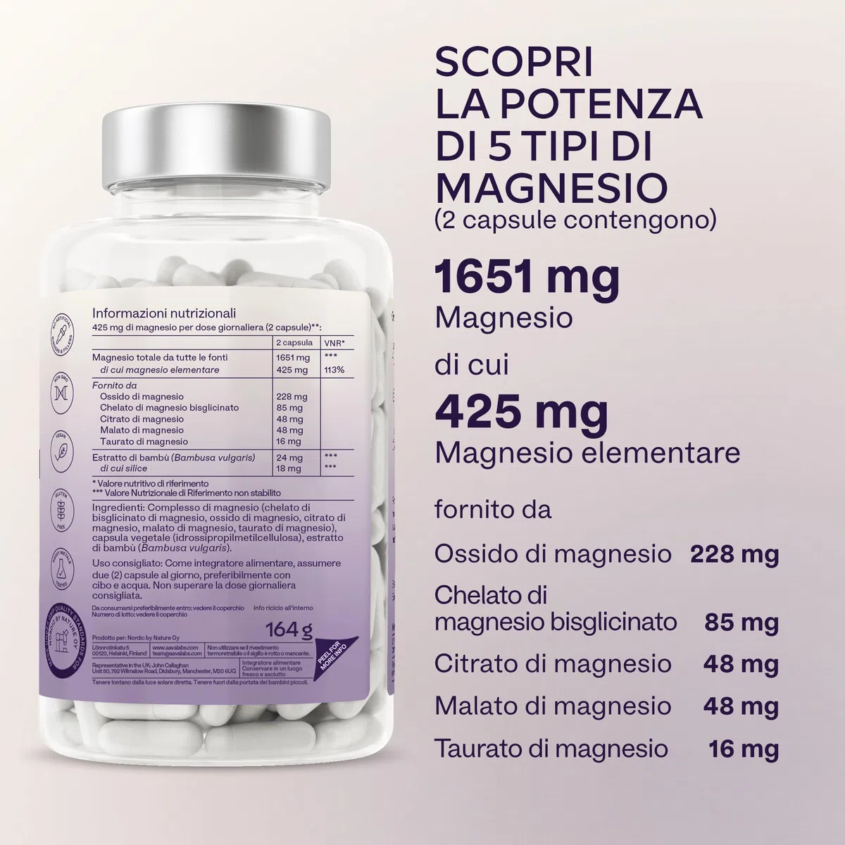 Magnesio Completo 1651mg | 5 Fonti di Magnesio: Citrato, Bisglicinato (Glicinato), Malato, Taurato, Ossido - 425mg Mg Elementare - Integratori Stanchezza - Integratore Donna e Uomo - 180 Capsule