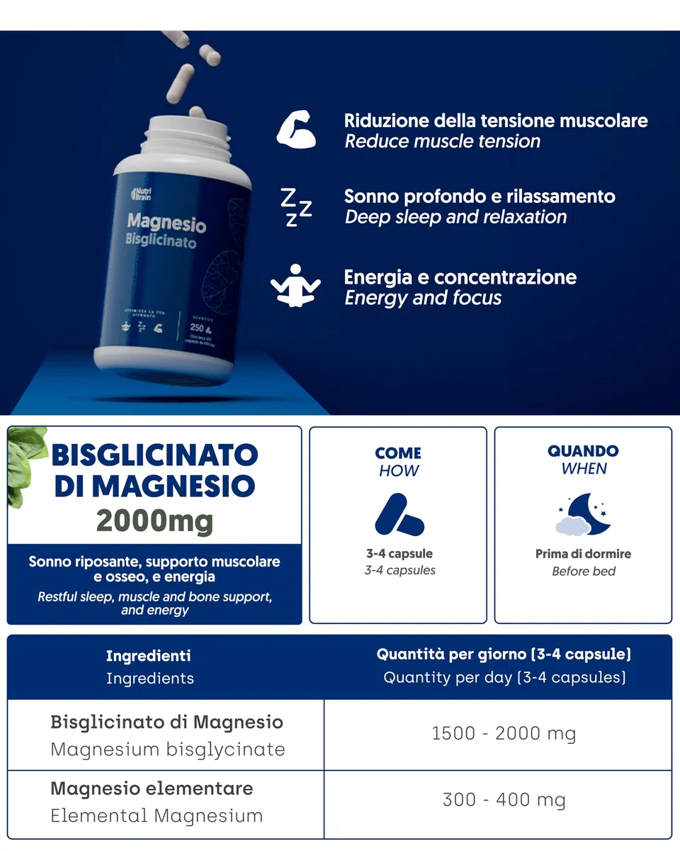 Magnesio Bisglicinato 2.000mg - Dose XXL (250 Capsule) | Forma Chelata: Sonno Ristoratore, Energia, Supporto Osseo e Muscolare, Concentrazione | Alta Biodisponibilità, Senza Effetti Lassativi