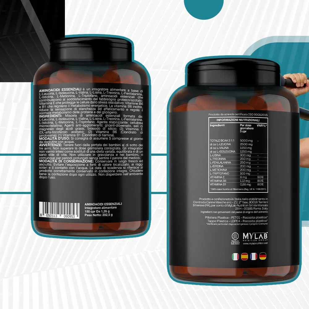 EAA Aminoacidi Essenziali con mix di vitamine B1, B6 ed E - Integratore di amminoacidi naturali vegan ottenuti da fermentazione T-Rex Integratori (Compresse, 150 Unità (Confezione da 1))