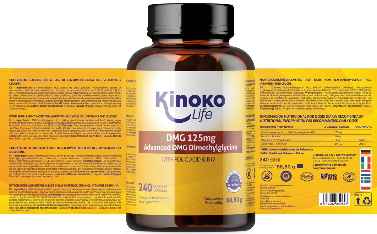 DMG Advanced 125 mg, 240 capsule Dimetilglicina pura. Con Acido Folico e B12 per un migliore assorbimento del DMG. Senza Glutine, Non OGM, Vegan Friendly. Memoria, Stress, Concentrazione