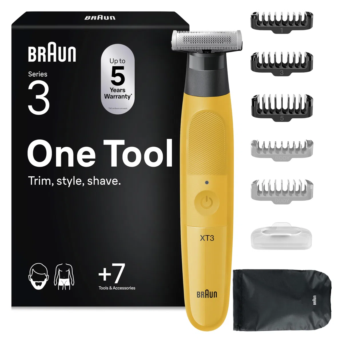 Braun Series XT3, Rasoio Elettrico Barba Tutto-In-Uno, +7 Strumenti Di Styling, Regolabarba Uomo Braun, Lama Affilata 4D Flex, Regola, Rade E Rifinisce, Viso, XT3205, Giallo