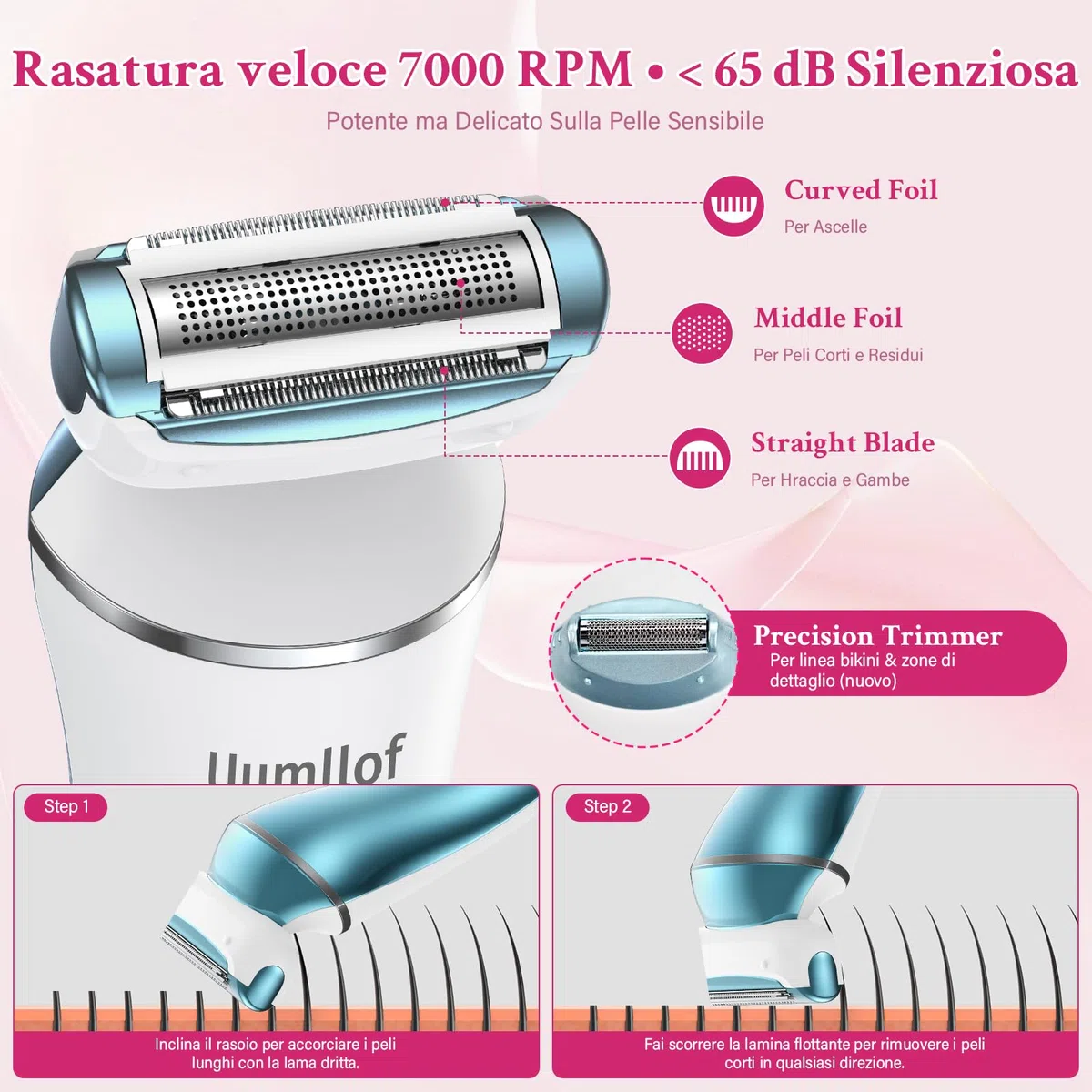 Ruycllo Rasoio Elettrico Donna 2 in 1, Rasoio Intimo Donna e Trimmer Bikini IPX7 Impermeabile, Trimmer Intima con Display LED per Gambe, Ascelle e Zona Intima con Custodia da Viaggio